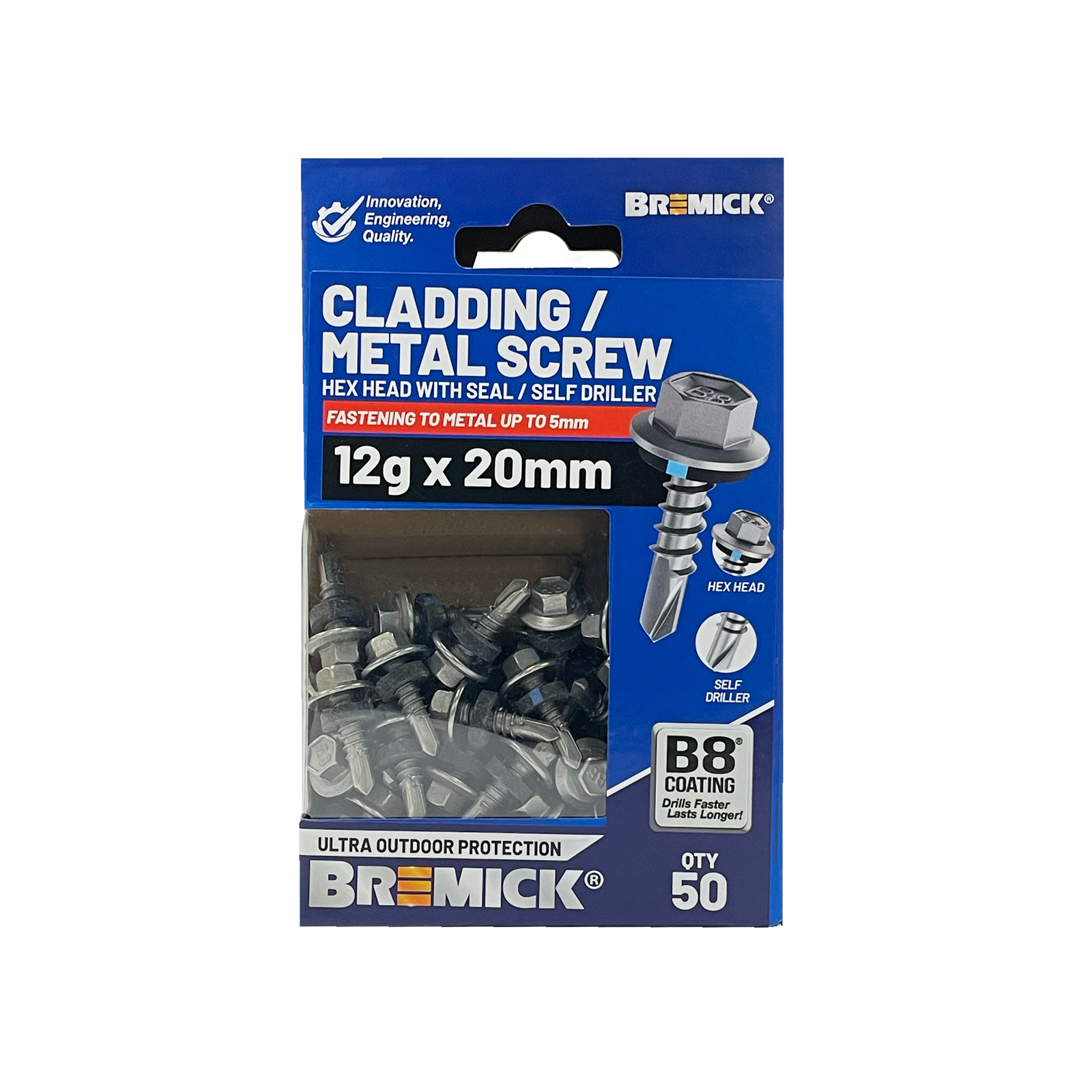 Bremick 12g x 20mm Hex Metal Screws B8 Drill Point - 50 Pack