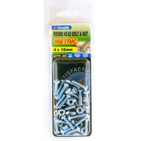 Zenith M4 x 15mm Zinc Plated Round Head Bolt and Nut - 25 Pack