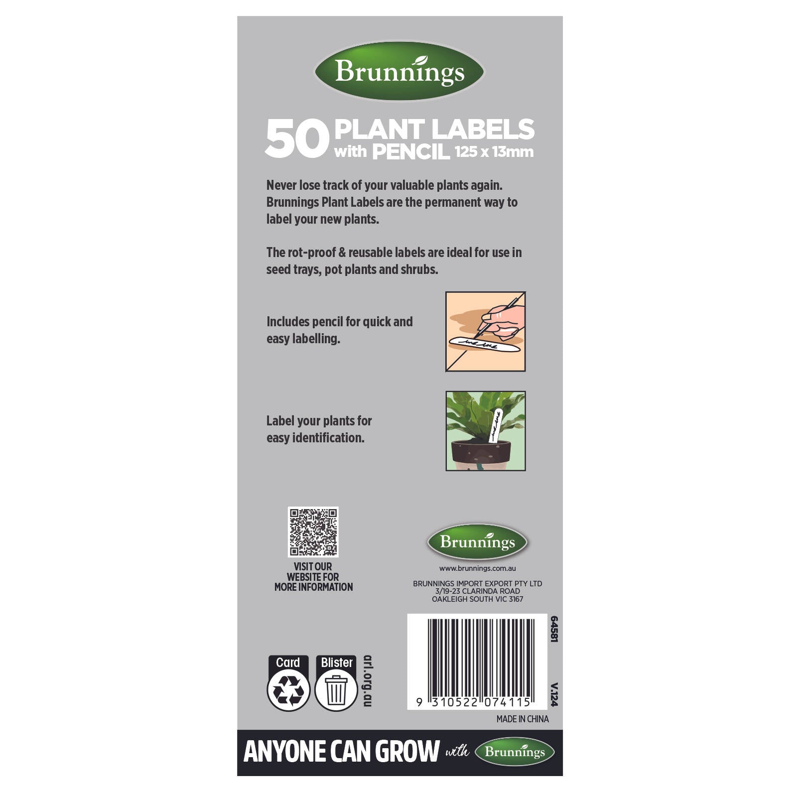 Brunnings 125 x 13mm Plant Labels with Pencil - 50 Pack