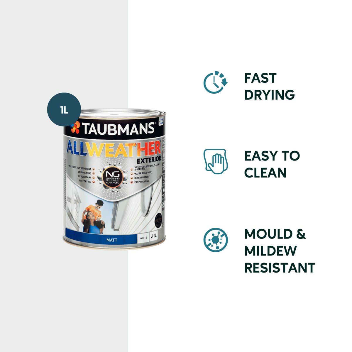 Taubmans 1L White Matt All Weather Exterior Paint - Water Based - Mould Resistant - SuperSaverAU - view 2