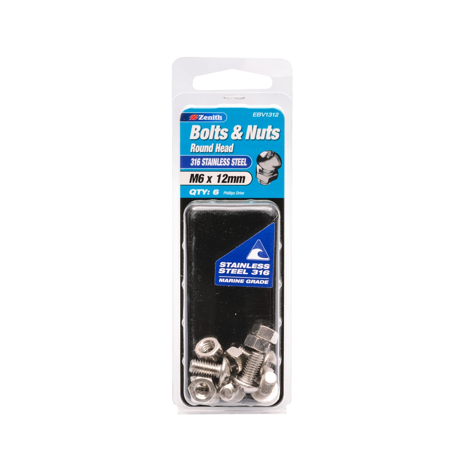 Zenith M6 x 12mm 316 Stainless Steel Round Head Bolt and Nut 6 Pack