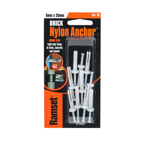 Ramset 5 x 25mm Nylon Brick Anchor - Round Head Drive Anchor - 10 Pack