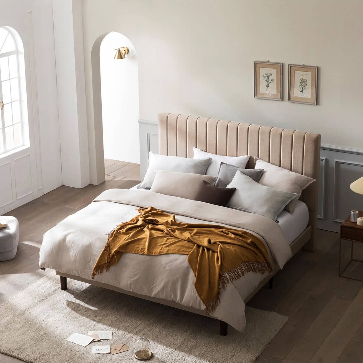 Zinus Double Upholstered Fabric Bed Base - Beige, Tall Headboard, No Box Spring Needed - AU-FHVP-D