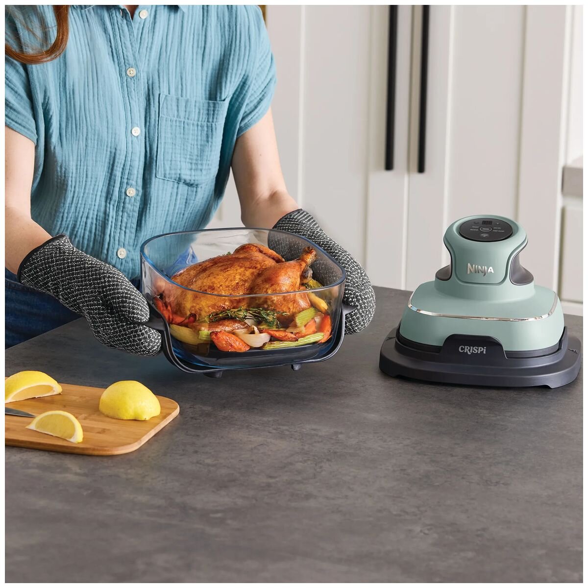 Ninja Crispi 4-in-1 Portable Glass Air Fryer - Sage Green Finish, Glass Bowl, Compact Size - FN101SG