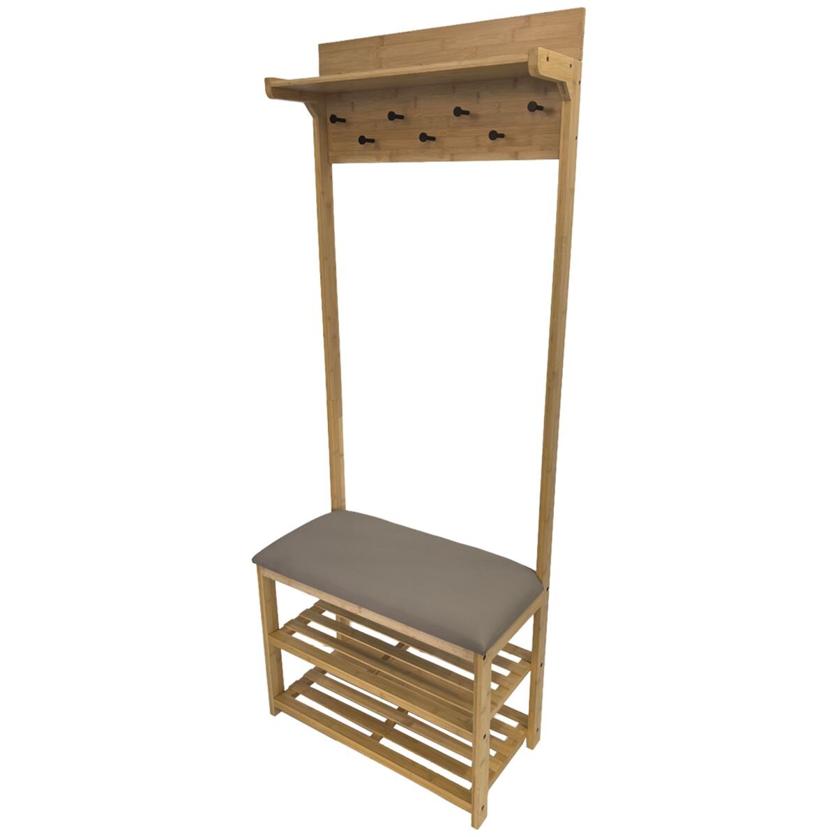 L.T. Williams Bamboo Hall Stand - Grey PU Bench Seat - Coat Rack and Shoe Storage - 9922