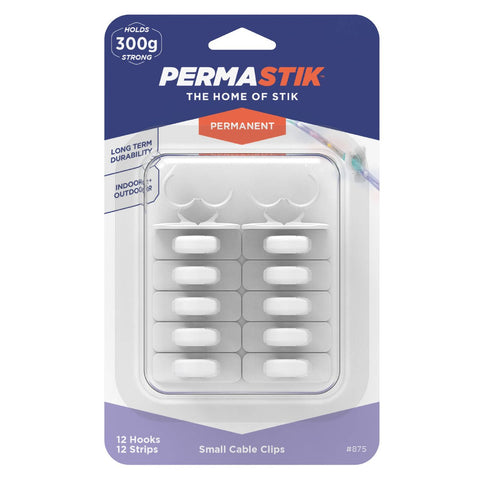 Permastik Small Permanent Cable Clips 12 Pack - White, Self-Adhesive, No-Drill