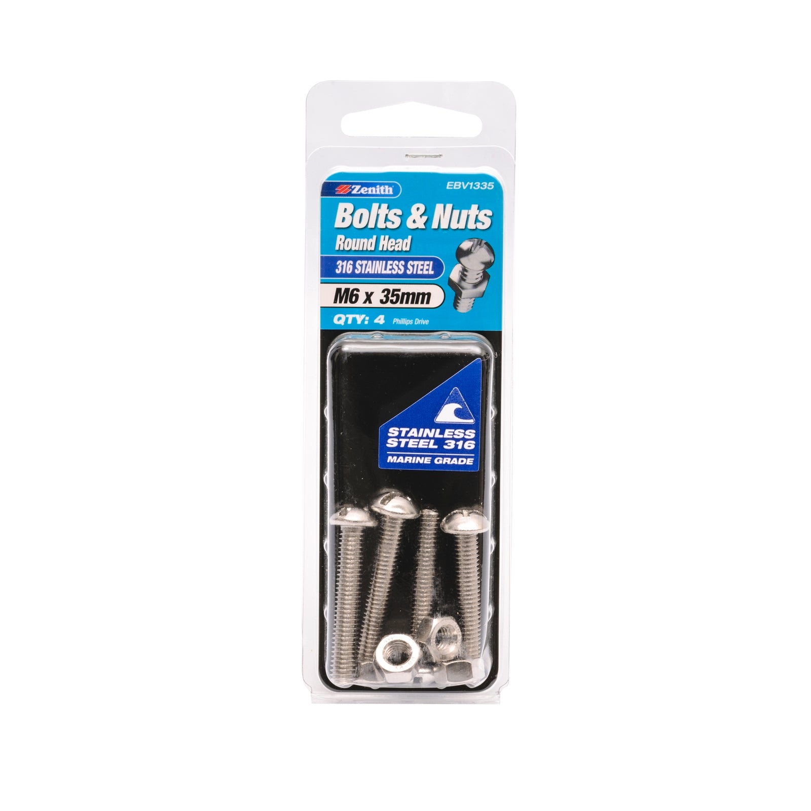 Zenith M6 x 35mm 316 Stainless Steel Round Head Bolt and Nut - 4 Pack