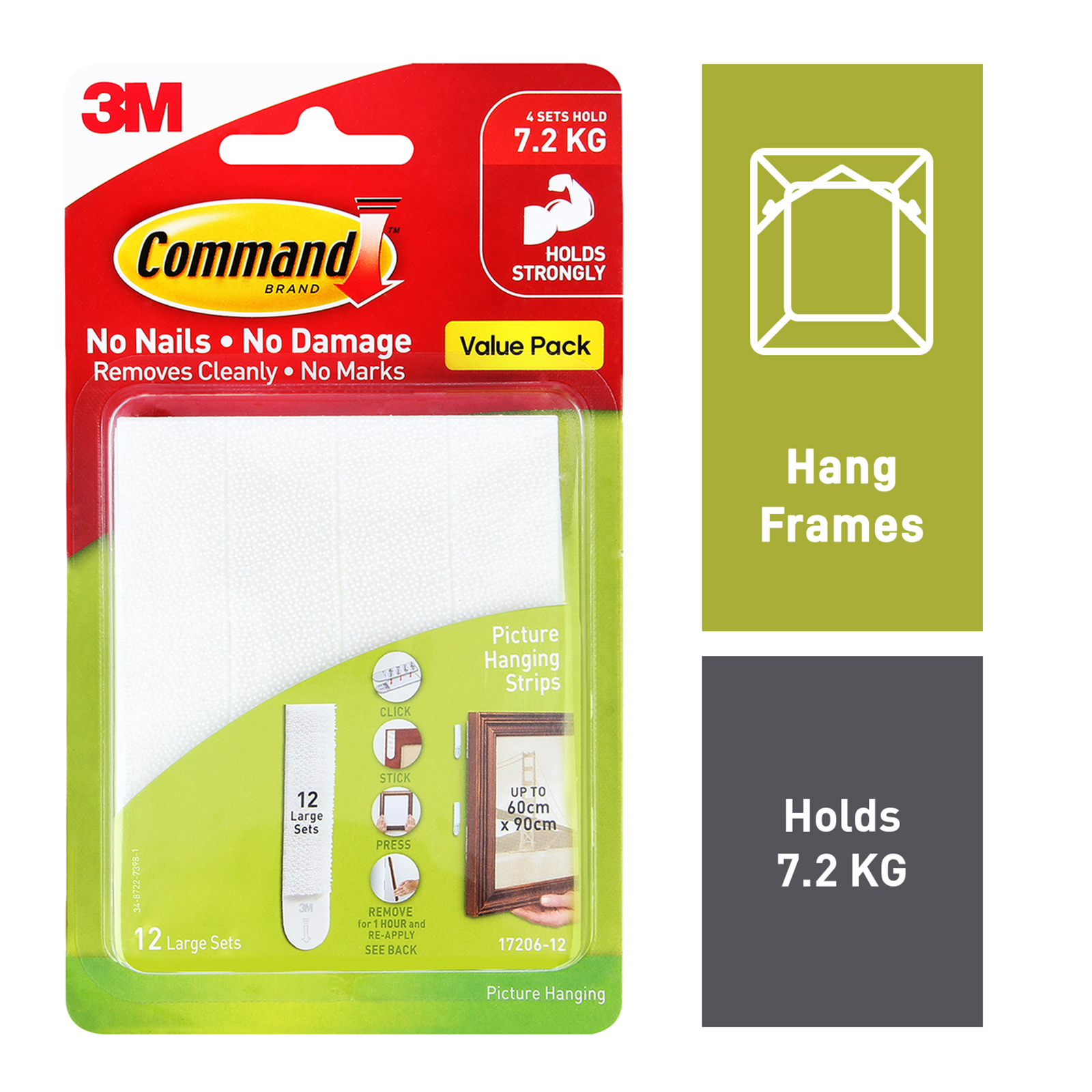 Command Large White Adhesive Picture Hanging Strips Value Pack - 12 Pack 7.2kg