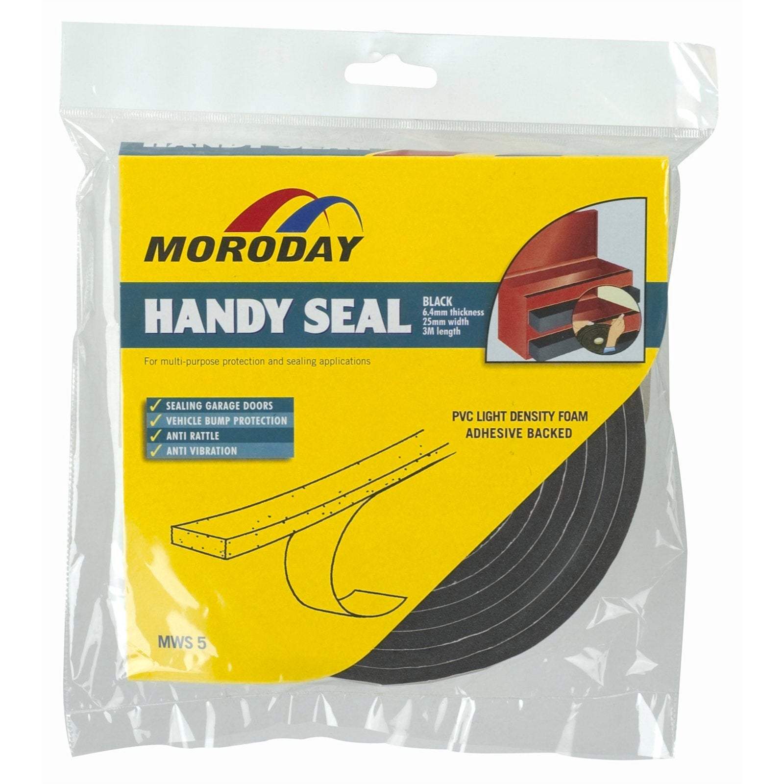 Moroday 6.4 x 25mm x 3m Garage Weatherseal - Black Closed Cell PVC Foam