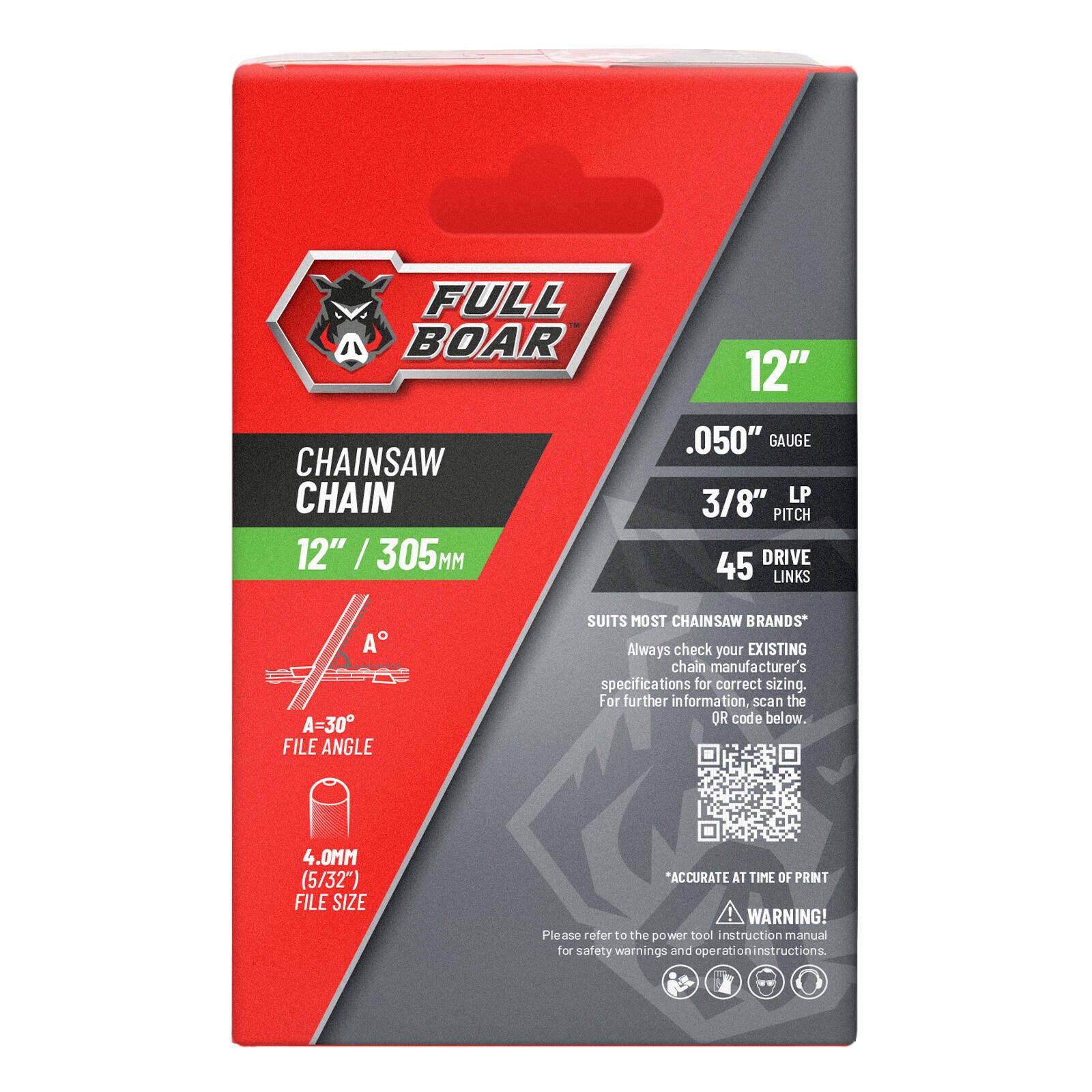 Full Boar 12" / 305mm Chainsaw Chain - 45 Drive Links, 9.53mm Pitch, 0.05 Gauge