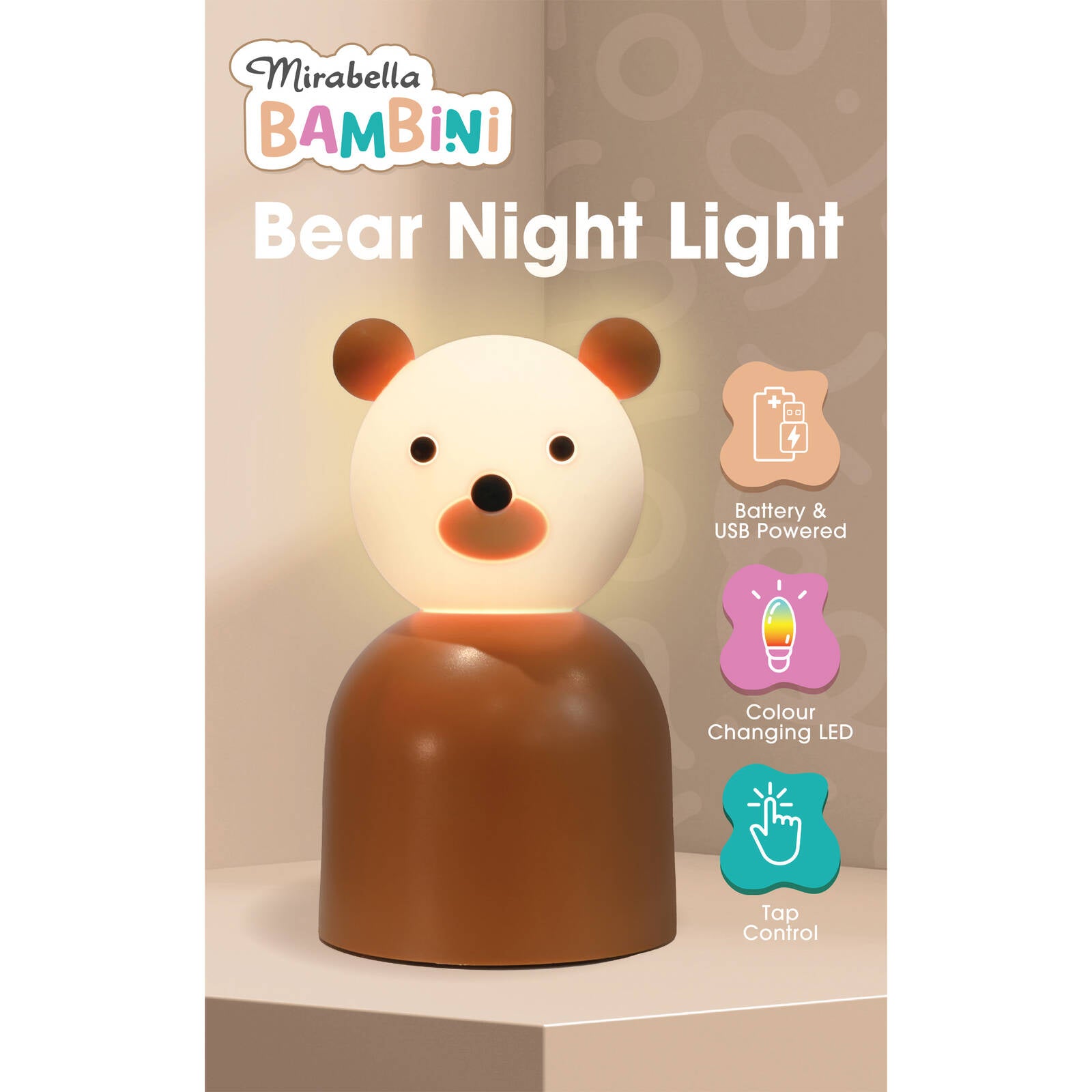 Mirabella Bear LED Colour Changing Night Light, Battery & USB Powered