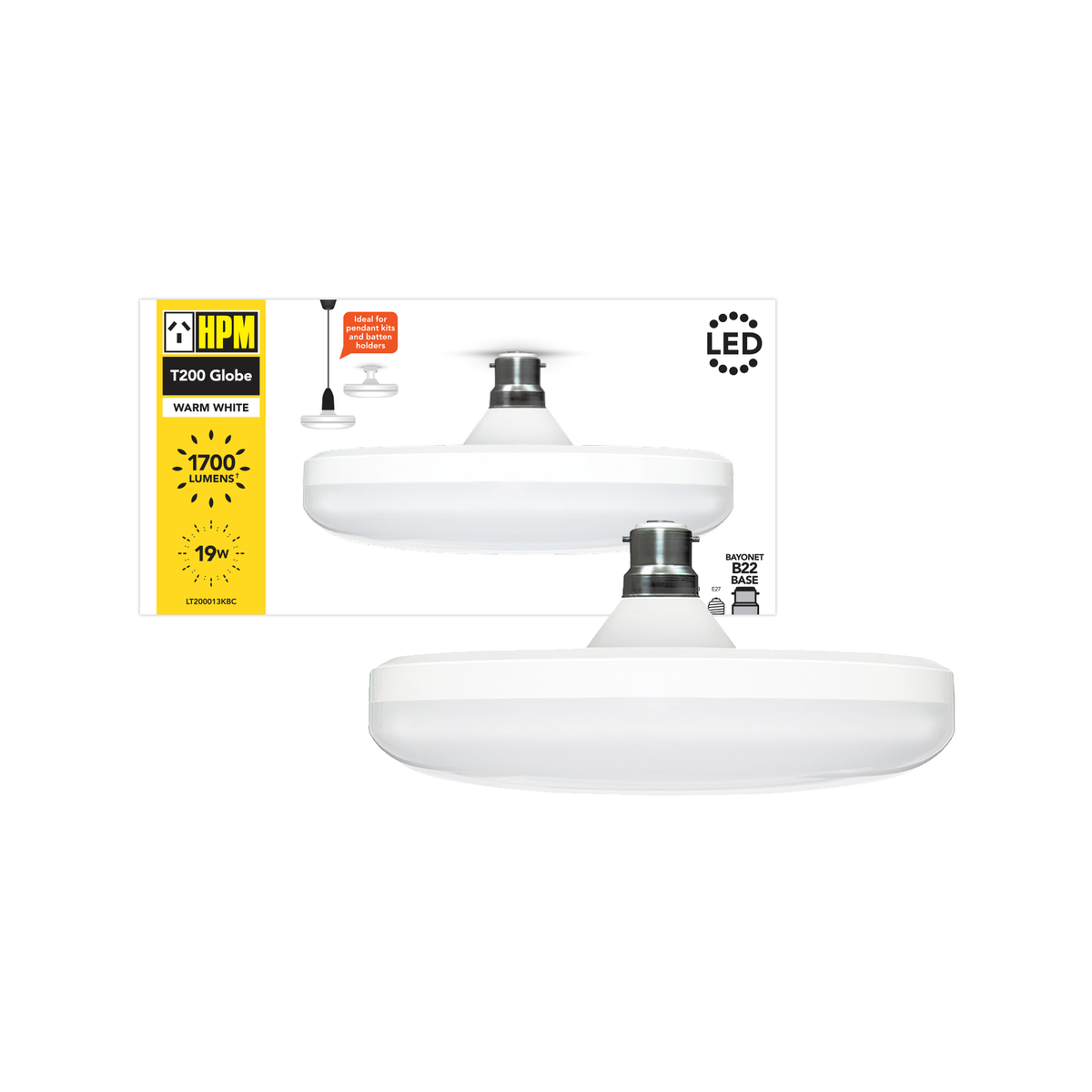 HPM 19W LED Warm White T200 Globe, B22 Bayonet, 240V, Indoor LT200013KBC