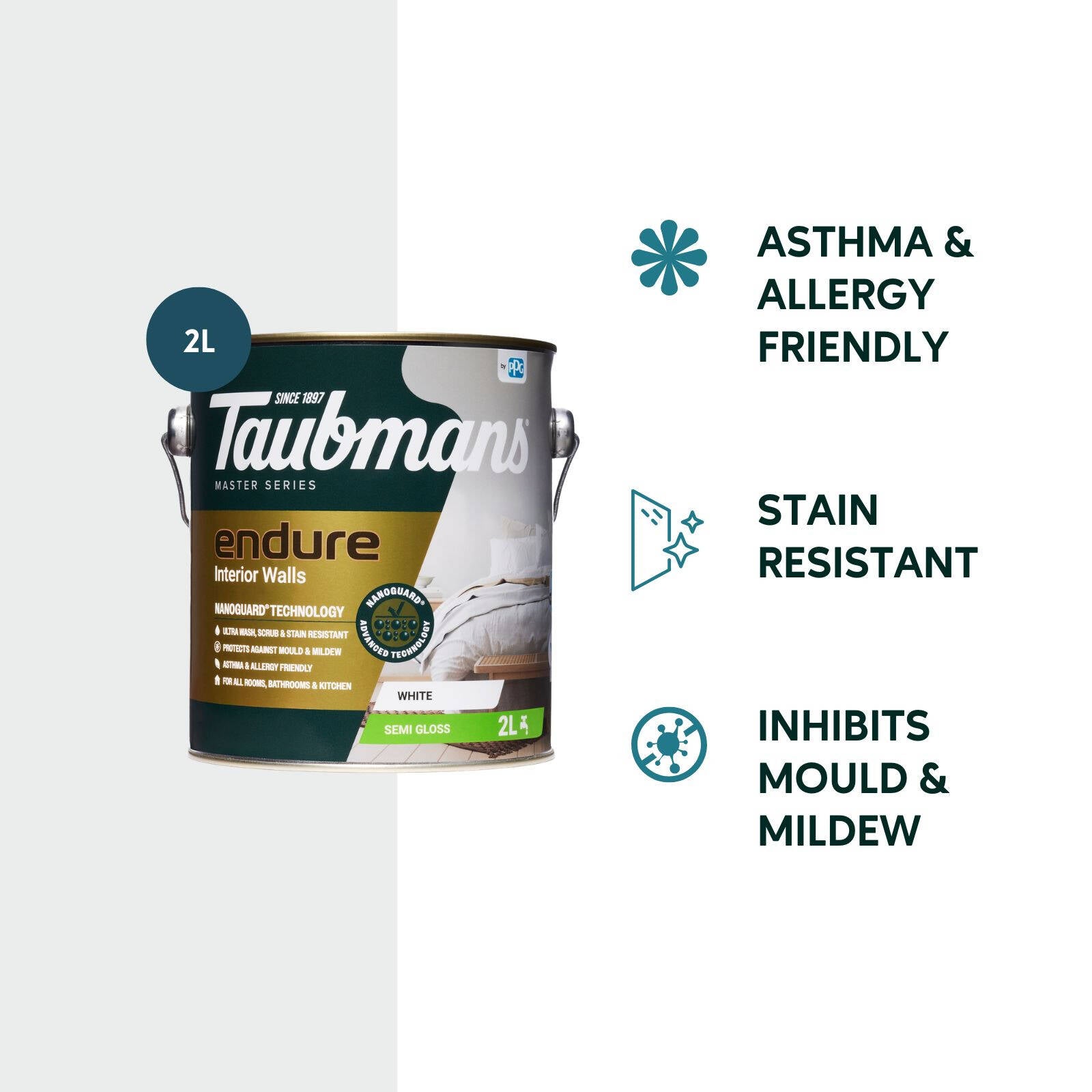 Taubmans Endure 2L White Semi Gloss Interior Wall Paint Stain Resistant
