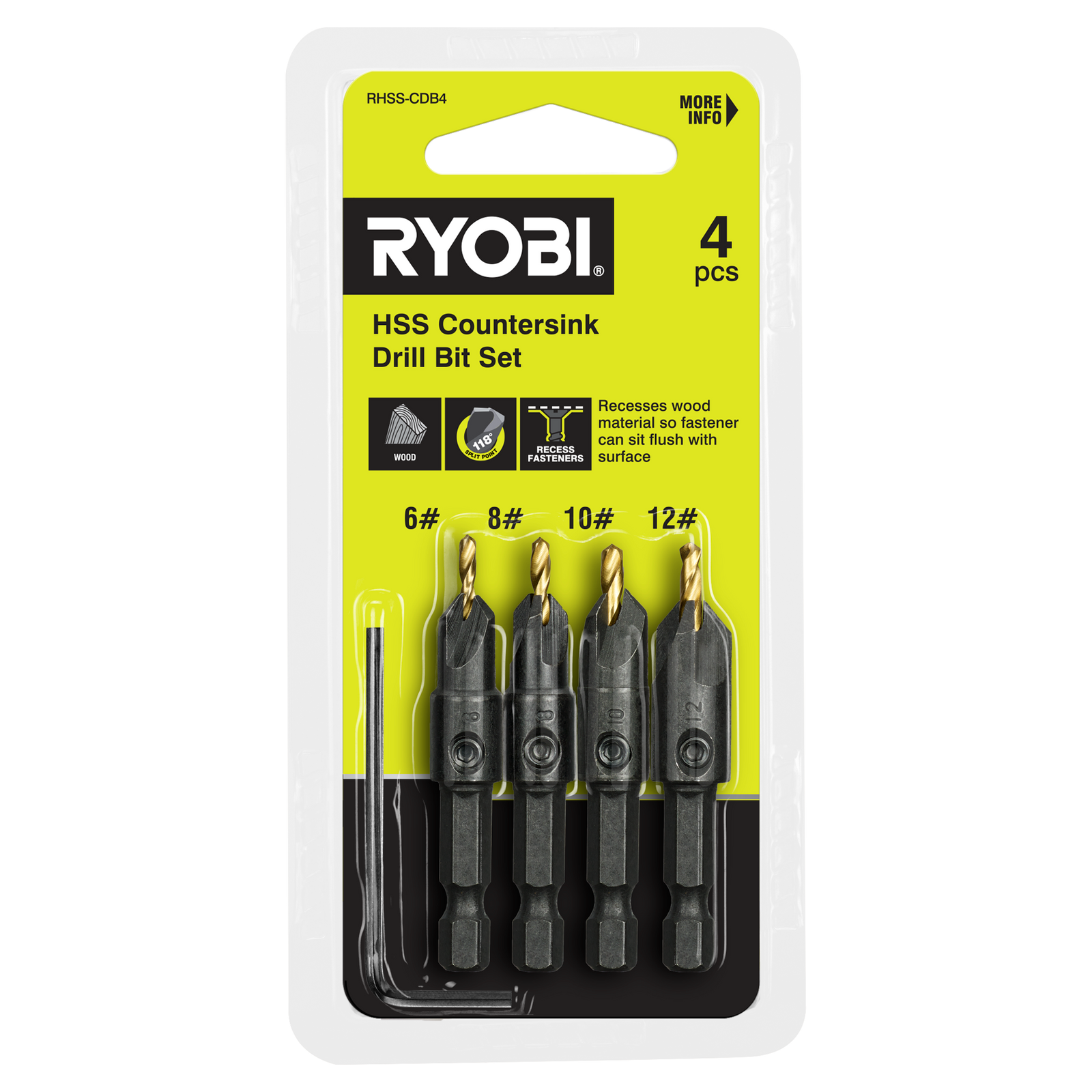Ryobi 4 Piece Countersink Drill Bit Set RHSS-CDB4 - #6, #8, #10, #12 with Hex Key