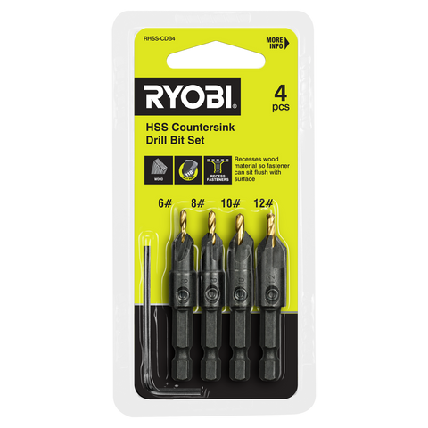 Ryobi 4 Piece Countersink Drill Bit Set RHSS-CDB4 - #6, #8, #10, #12 with Hex Key