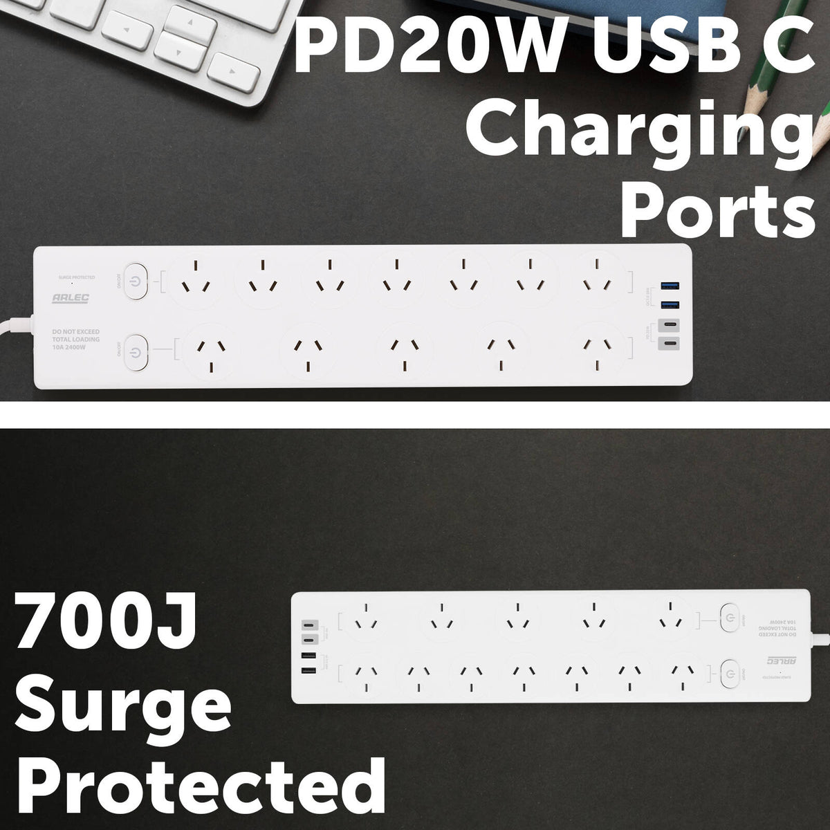 Arlec 12 Outlet Surge Protected Powerboard with PD20W USB Charging 1.8m White PB12-PDKS