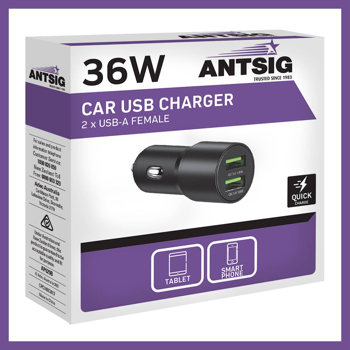 Antsig 36W 2-Port USB Car Charger AP629B - Metal, Charges Two Devices at Once