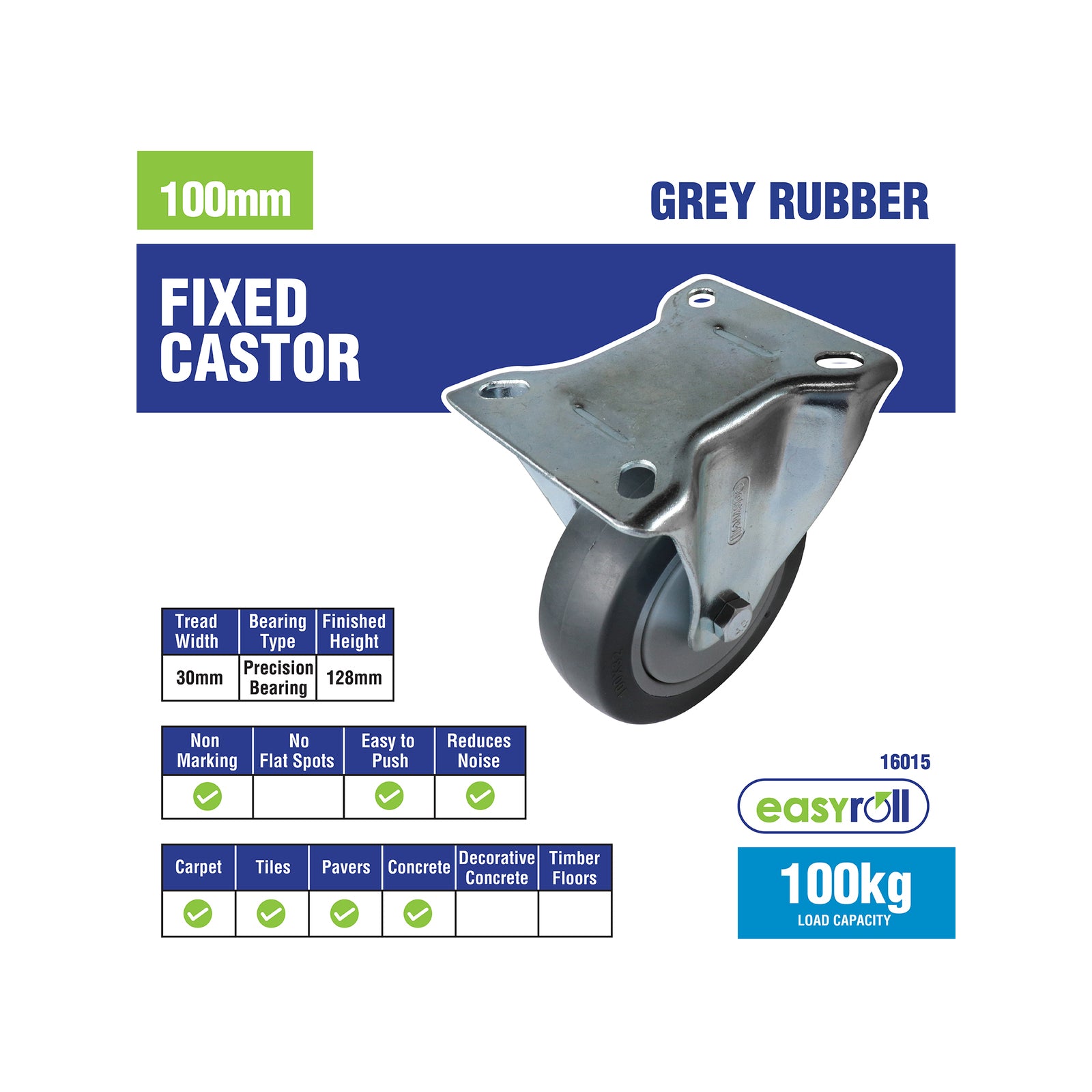 Easyroll 100mm 100kg Grey Rubber Heavy Duty Fixed Castor