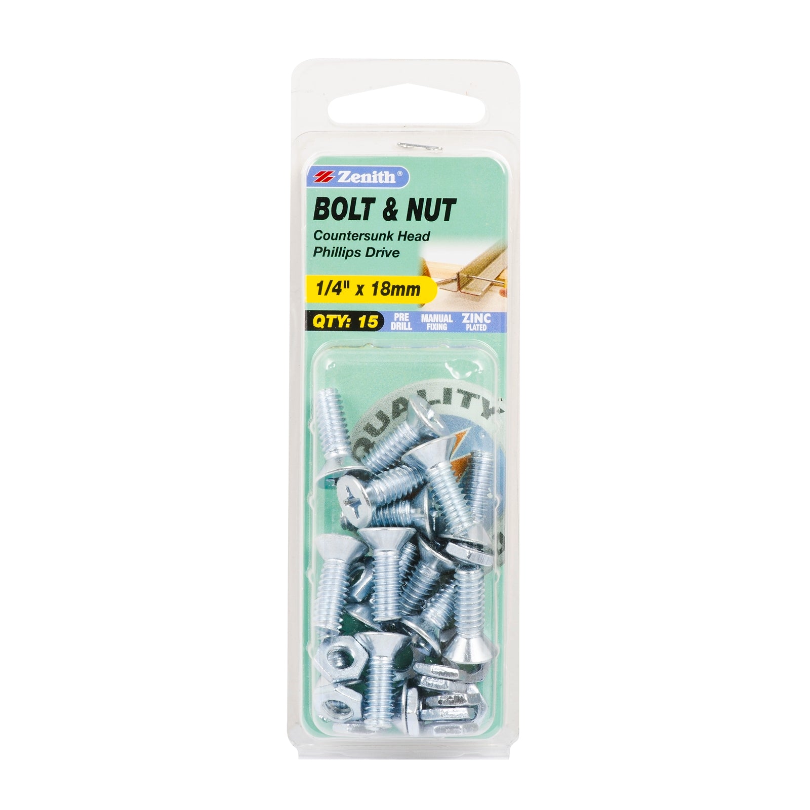 Zenith 1/4" x 18mm Zinc Plated Countersunk Bolt and Nut - Steel, 15 Pack