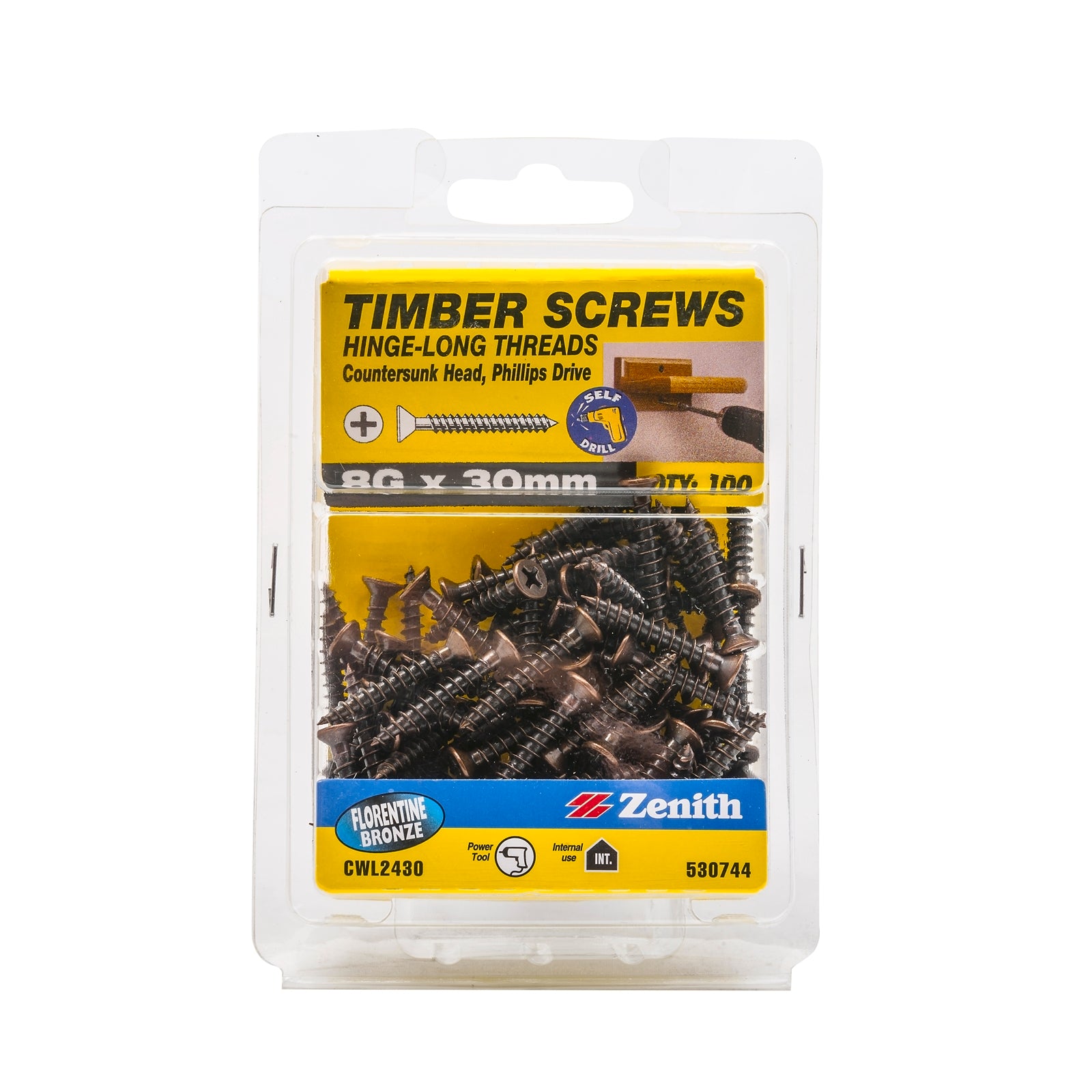 Zenith 8G x 30mm Florentine Bronze Countersunk Hinge Timber Screws 100 Pack