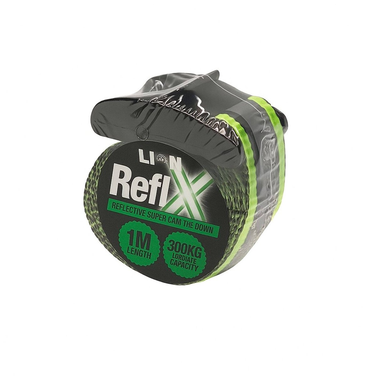 Lion Reflx 1m Super Cam Tie Down 300kg Green Polyester UV Protected Reflective Webbing
