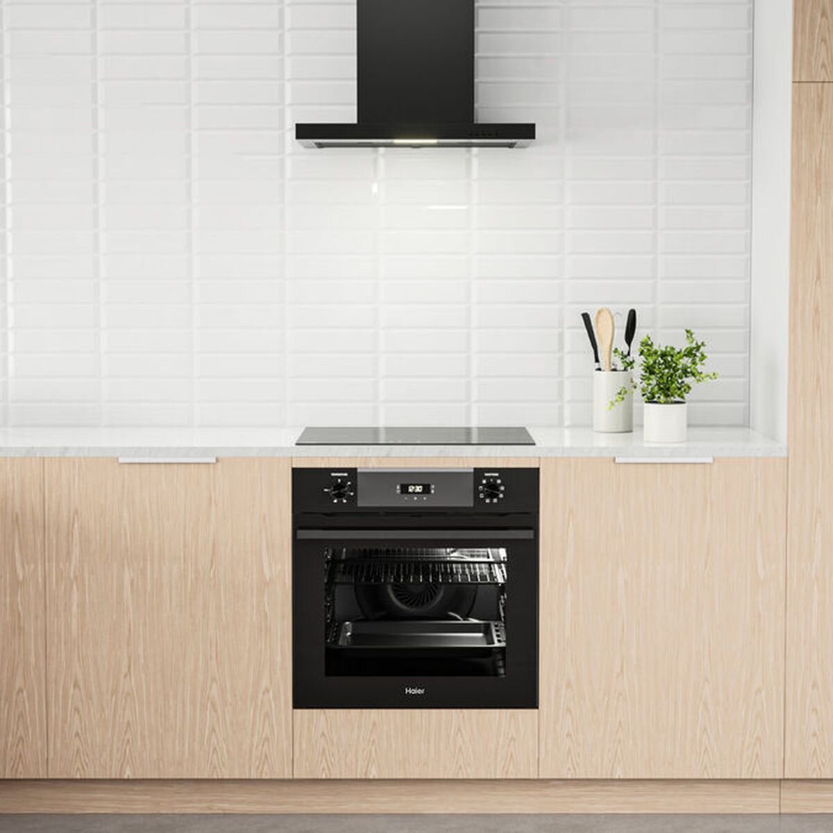 Haier 90cm black canopy rangehood - 700m³/h extraction, 3 fan speeds, dishwasher-safe mesh filters - HC90BLB1