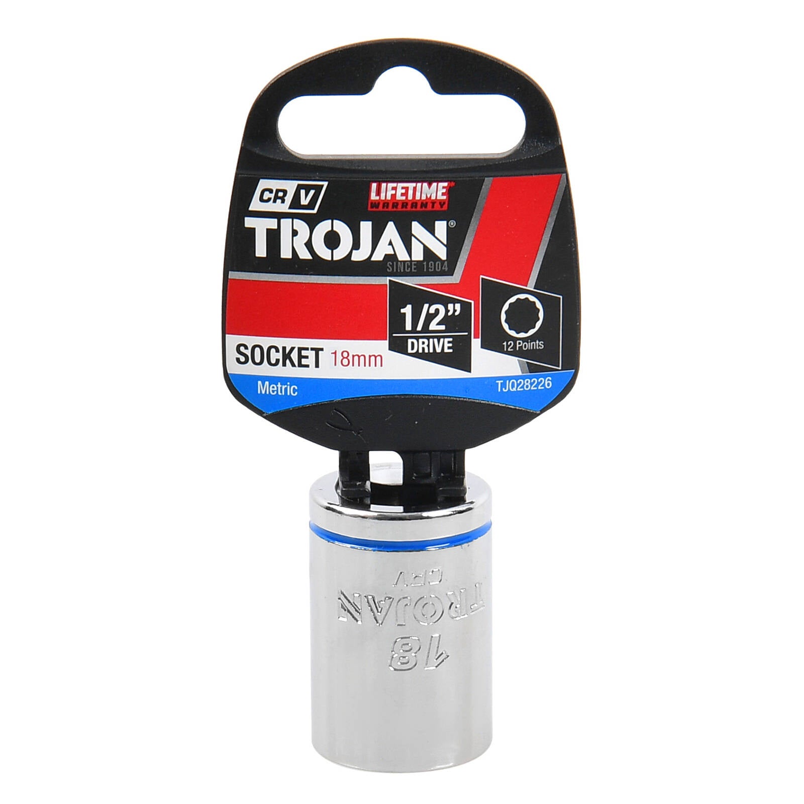 Trojan 18mm Socket 1/2" Drive, Chrome Vanadium 12 Point Metric