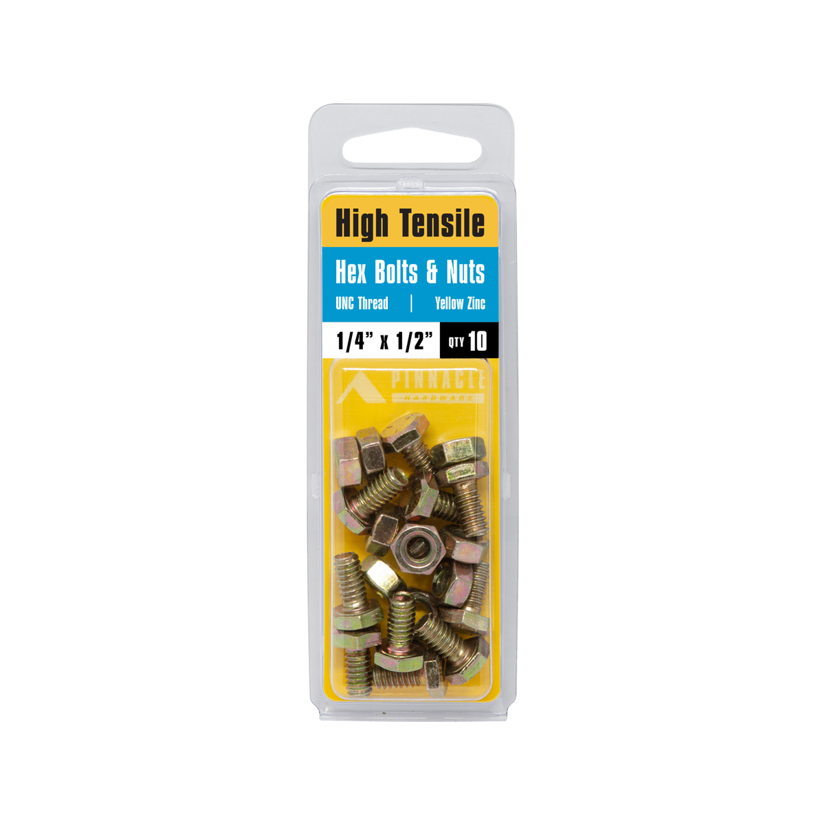 Pinnacle 1/4" x 1/2" Yellow Zinc Imperial Hex Bolt and Nut - 10 Pack