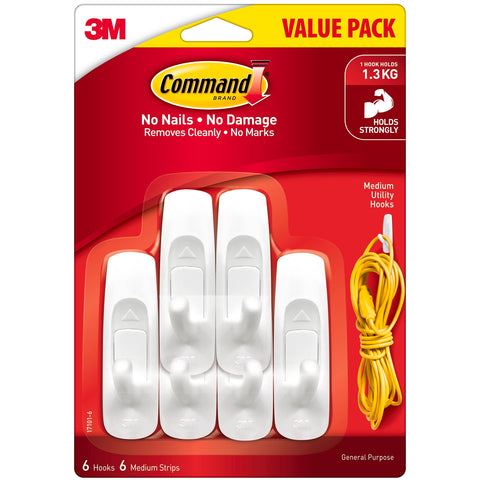 Command Medium White Plastic Adhesive Wall Hooks 6 Pack 1.3kg