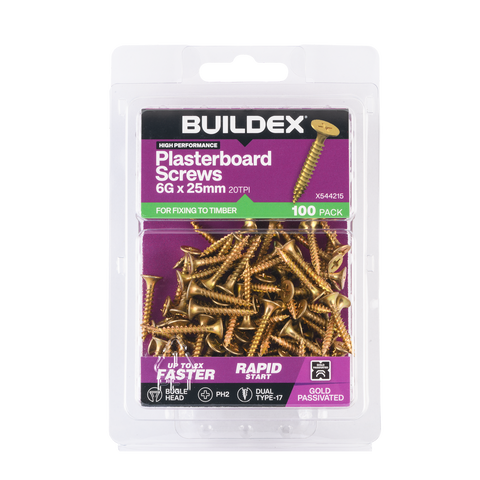 Buildex Plasterboard Screws - 6g x 25mm Gold Passivated - Dual Type 17 Tip - 100 Pack - SuperSaverAU - view 1