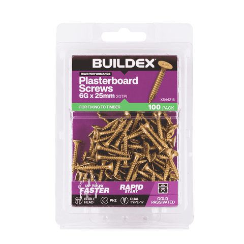 Buildex 6G x 25mm Gold Passivated Bugle Head Plasterboard Screws, 100 Pack