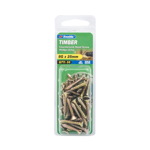 Zenith 8G x 25mm Gold Passivated Countersunk Timber Screws - 35 Pack