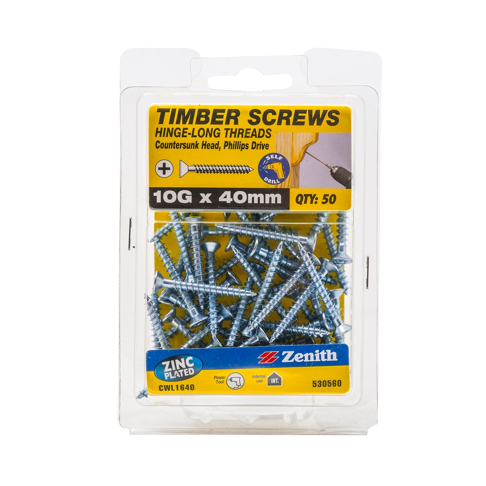 Zenith 10G x 40mm Zinc Plated Countersunk Timber Screws - 50 Pack