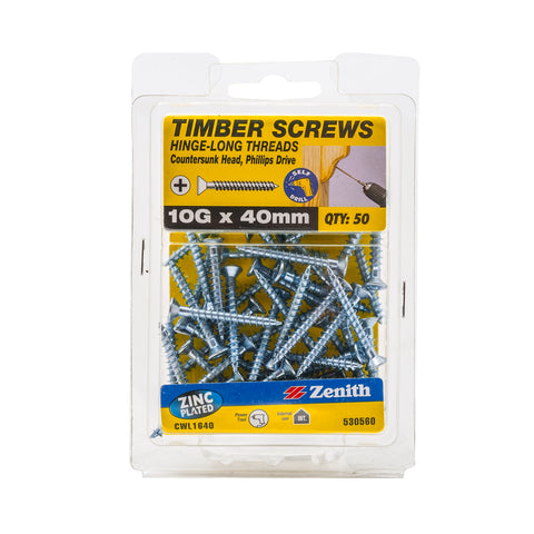 Zenith 10G x 40mm Zinc Plated Countersunk Timber Screws - 50 Pack