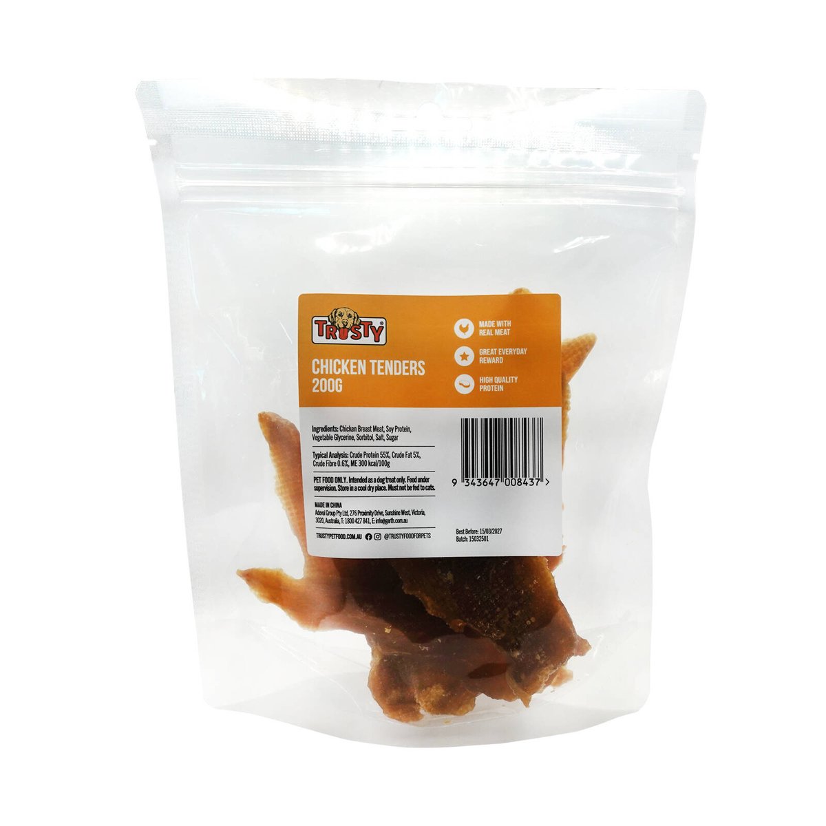Trusty Chicken Tenders Dog Treats 200g - Chewy Meaty Treats for Dental Care - SuperSaverAU - view 1