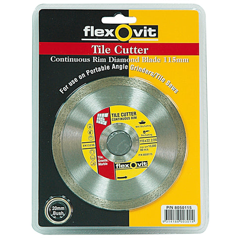 Flexovit 115 x 1.9 x 22.23mm Continuous Rim Diamond Blade - Tile Cutter for Angle Grinders