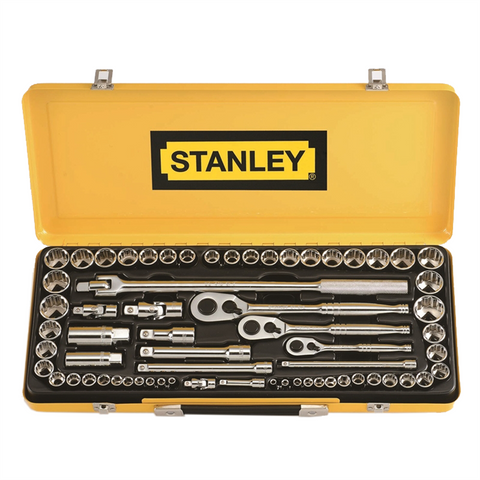 Stanley 64 Piece 1/4", 3/8" & 1/2" Drive Socket Set, Chrome Vanadium, 72-Tooth Ratchet, Case