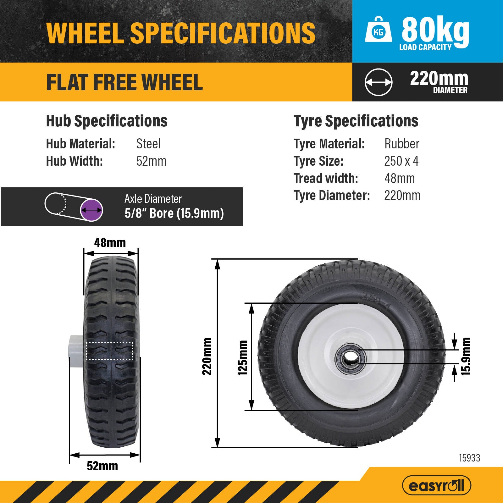 Easyroll 250 x 4" Flat Free Wheel, 5/8" Bearing, Offset Steel Hub, 80kg