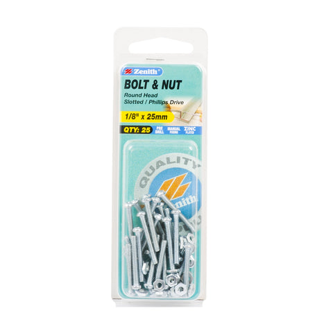 Zenith 1/8" x 25mm Zinc Plated Round Head Bolt and Nut - Steel, 25 Pack