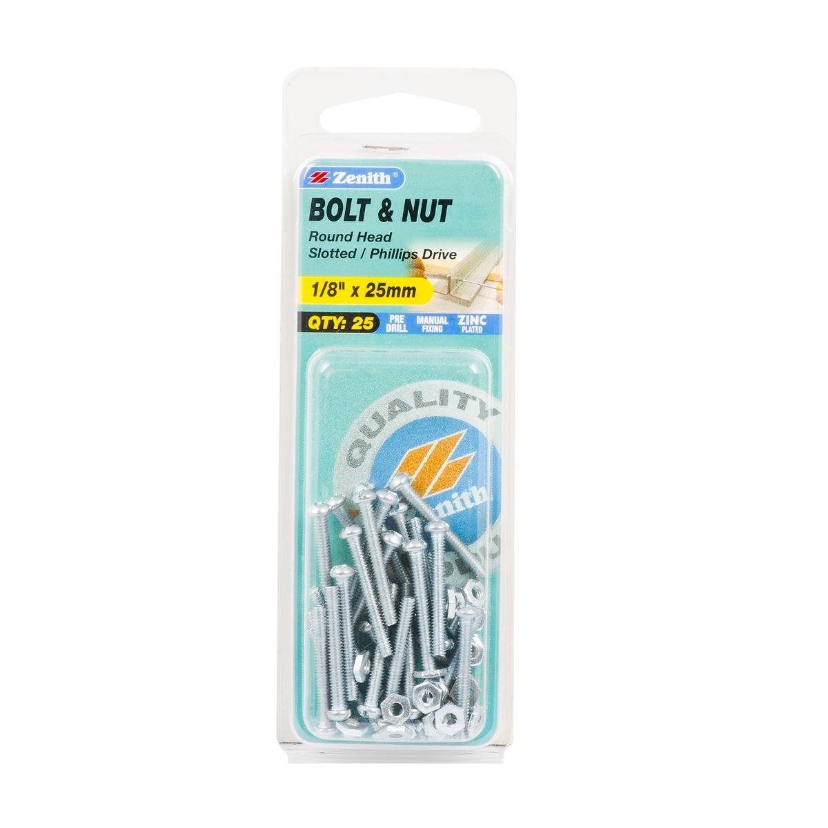 Zenith 1/8" x 25mm Zinc Plated Round Head Bolt and Nut - Steel, 25 Pack