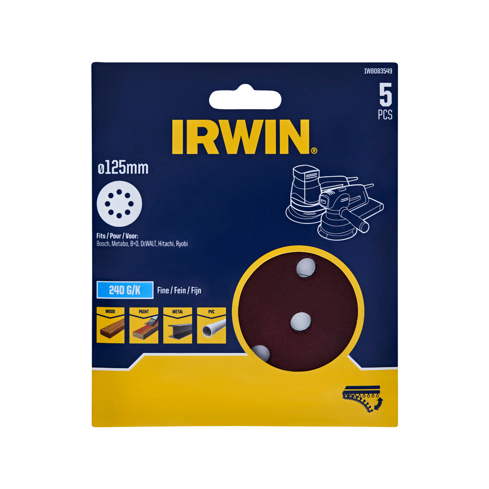 Irwin 125mm 240 Grit 8-Hole Quick Fit Random Orbital Sanding Discs - 5 Pack