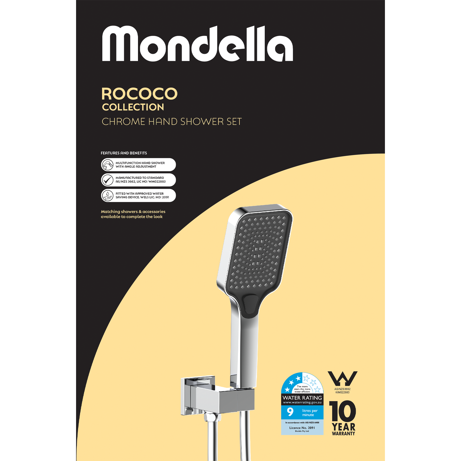 Mondella Chrome Rococo Multifunction Hand Shower Set 6L/min WELS 5 Star 4 Spray
