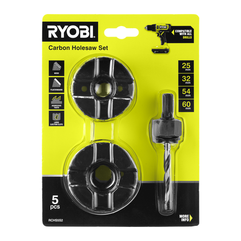 Ryobi 5 Piece Carbon Holesaw Set - 25, 32, 54 & 60mm with Arbor