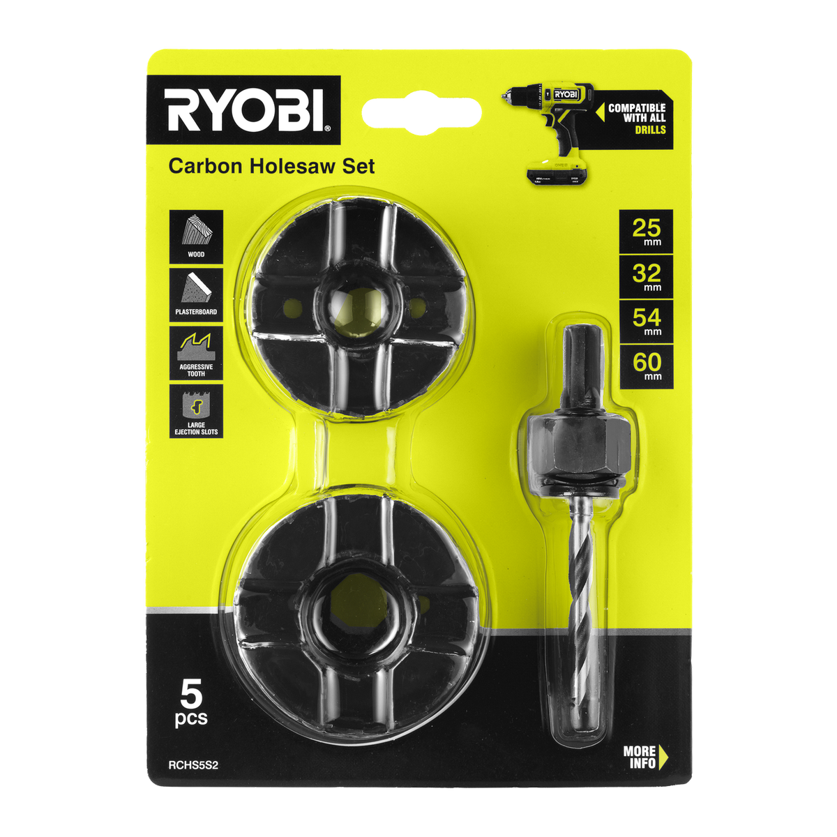 Ryobi 5 Piece Carbon Holesaw Set - 25, 32, 54 & 60mm with Arbor
