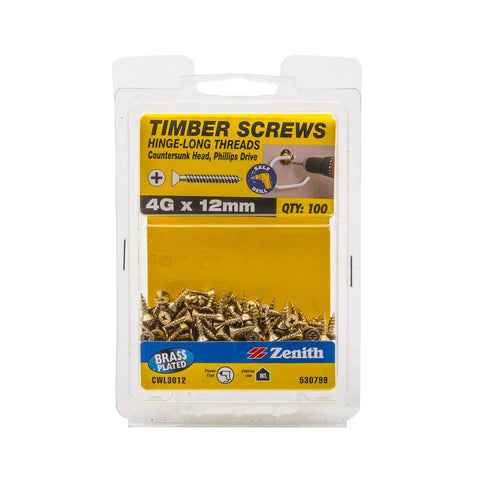 Zenith Hinge Long Thread Screws 12mm Brass Plated 100 Pack - SuperSaverAU - view 1