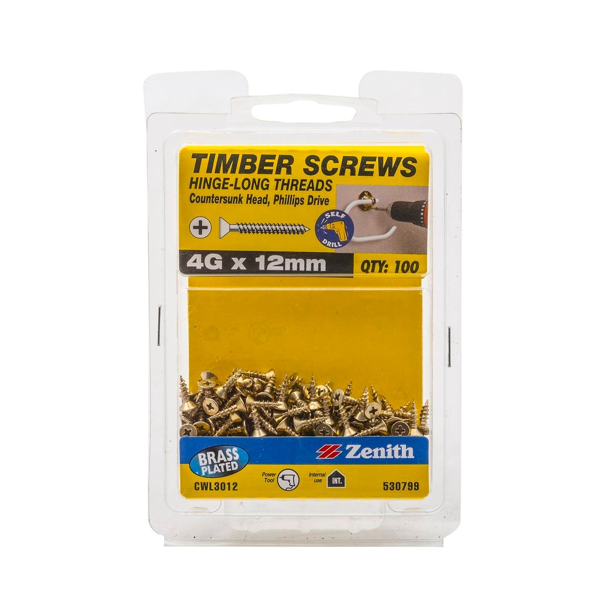 Zenith 4G x 12mm Brass Plated Countersunk Hinge Timber Screws 100 Pack