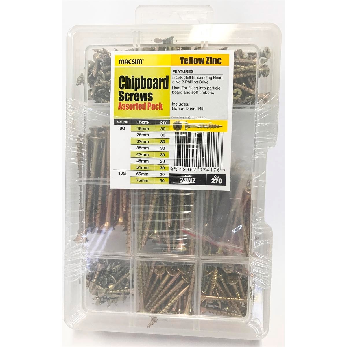 Macsim 270 Piece Assorted Chipboard Screw Pack Yellow Zinc Countersunk with Storage Case