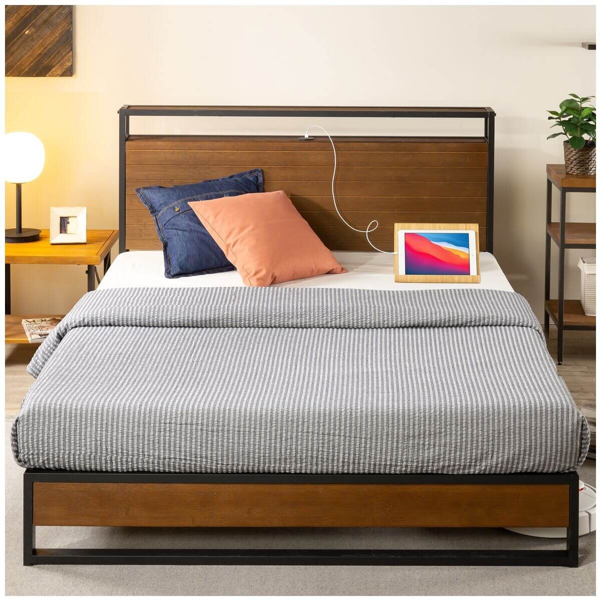Zinus Ironline Queen wood and metal bed frame - headboard shelf, built-in USB ports, brown - AU-IRPBHS-14Q