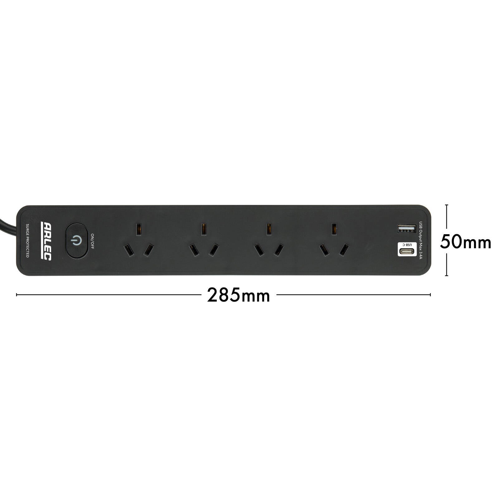Arlec 4 Outlet Surge Protected Powerboard USB-A & USB-C with Master Switch Black PB4UCK-BK