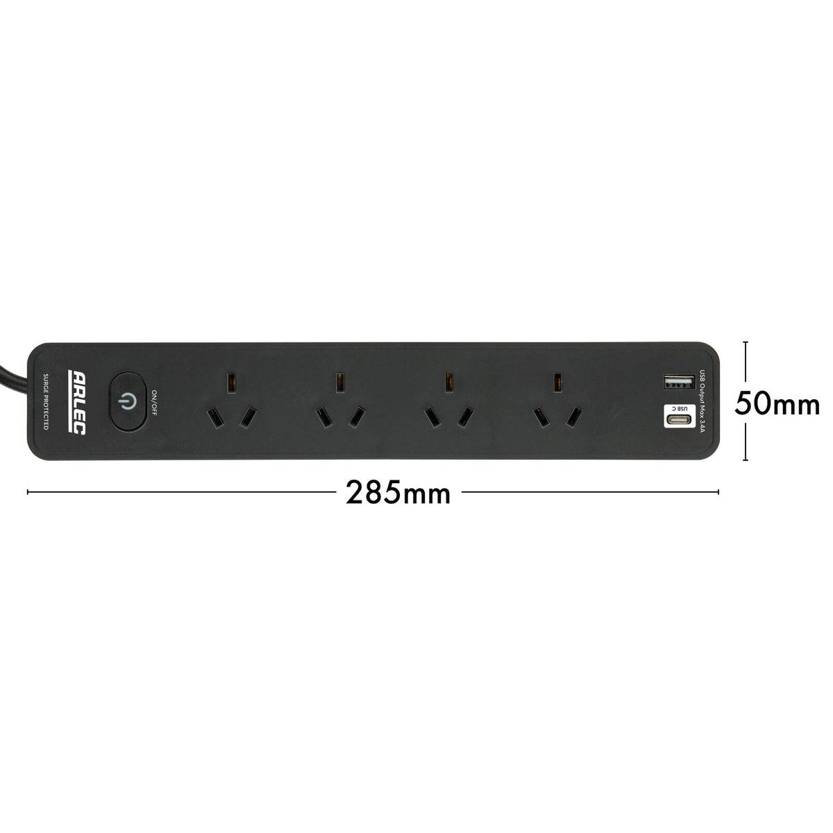 Arlec Black 4 Outlet Surge Protected Powerboard 285mm - USB A&C Charger - SuperSaverAU - view 4